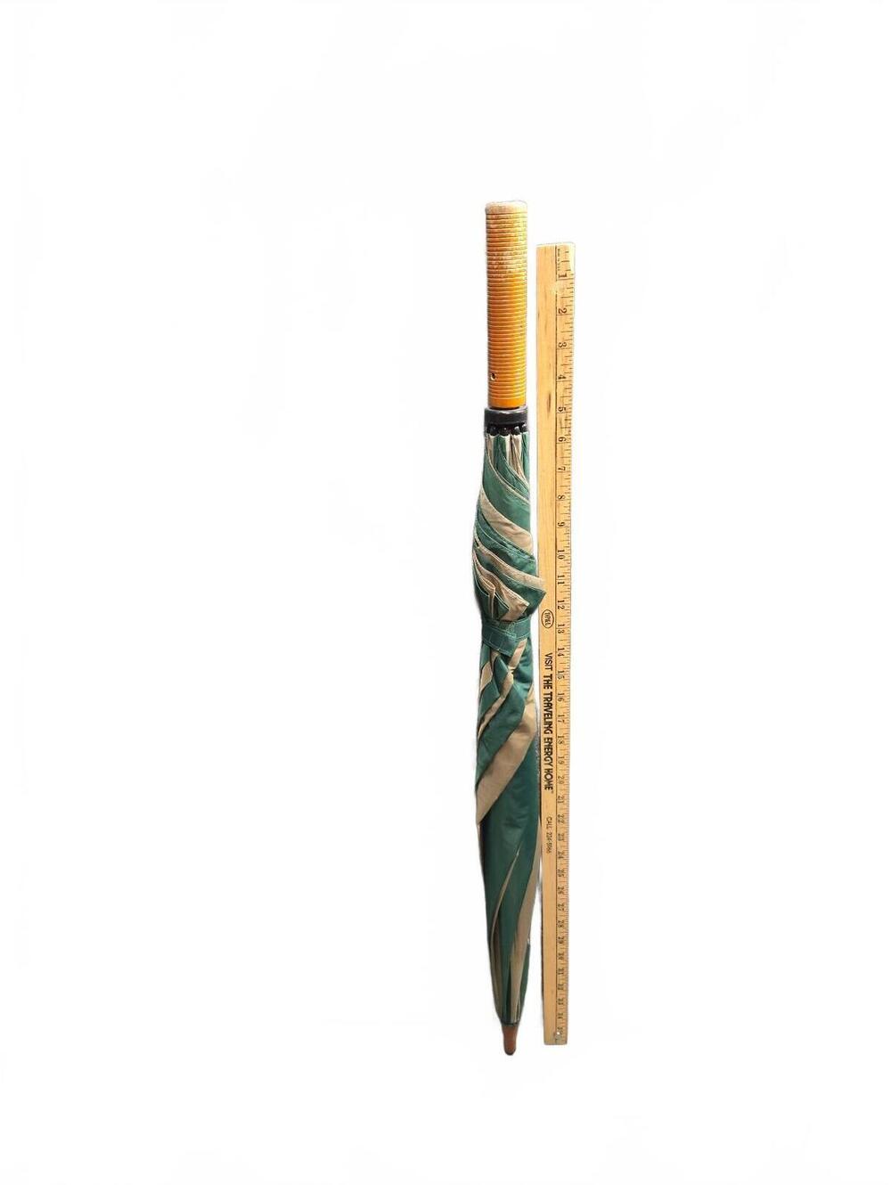 Vintage Totes Striped Green and Beige Umbrella with Wooden Handle